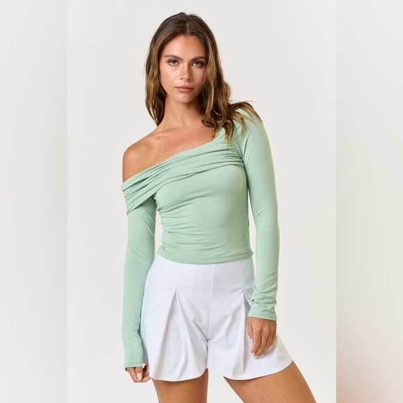 Dresses & Skirts - 37. Asymmetrical Off Shoulder Foldover Long Sleeve Top in Sage
